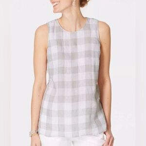 J. Jill Love Linen Gingham Plaid Button Back Sleeveless Top Gray White